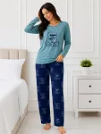Pijama de damă cu bluză cu maneca lunga și pantaloni-Turcoaz,Engros