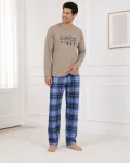 Pijama barbati Serena cu maneca lunga si pantalon lung-Bej ,Engros