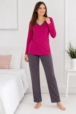 Pijama de damă cu bluză cu maneca lunga și pantaloni -Fucsia,Engros
