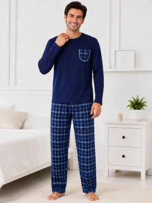 Pijama barbati Serena cu maneca lunga si pantalon lung-Bleumarin,Engros