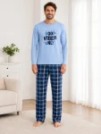 Pijama barbati Serena cu maneca lunga si pantalon lung- Bleu,Engros