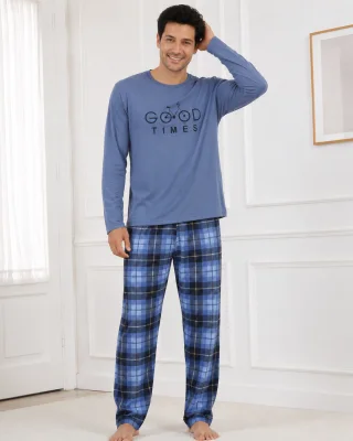 Pijama barbati Serena cu maneca lunga si pantalon lung-Albastru prafuit,Engros