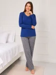 Pijama de damă cu bluză cu maneca lunga și pantaloni lung -Albastru,Engros