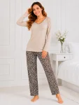 Pijama de damă cu bluză cu maneca lunga și pantaloni -Bej ,Engros