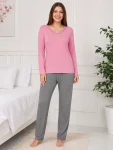 Pijama de damă cu bluză cu maneca lunga și pantaloni lung -Roz,Engros