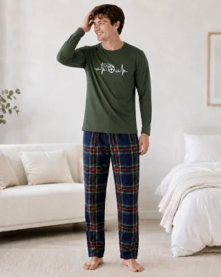 Pijama barbati Serena cu maneca lunga si pantalon lung-Kaki,Engros