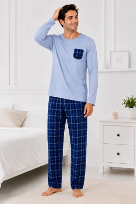Pijama barbati Serena cu maneca lunga si pantalon lung-Bleu,Engros
