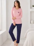 Pijama de damă cu bluză cu maneca lunga și pantaloni -Roz pal,Engros