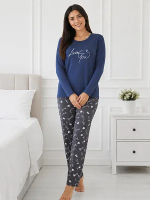 Pijama de damă cu bluză cu maneca lunga și pantaloni-bleumarin,Engros