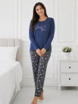 Pijama de damă cu bluză cu maneca lunga și pantaloni-bleumarin,Engros