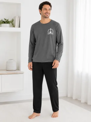 Pijama barbati Serena cu maneca lunga si pantalon lung-Gri ,Engros