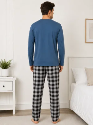 Pijama barbat  Serena cu maneca lunga si pantalon lung-Albastru, Engros