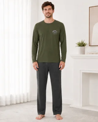 Pijama barbati Serena cu maneca lunga si pantalon lung- Verde,Engros