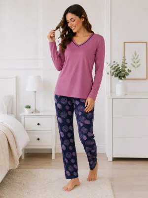 Pijama de damă cu bluză cu maneca lunga și pantaloni lung -Mov,Engros