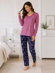 Pijama de damă cu bluză cu maneca lunga și pantaloni lung -Mov,Engros