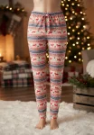 Pantaloni pijama dama Craciun,Culoare Alb cu Rosu,Engros