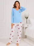 Pijama de damă cu bluză cu maneca lunga și pantaloni -Bleu ,Engros