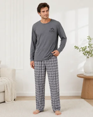 Pijama barbat Serena cu maneca lunga si pantalon lung-Gri, Engros