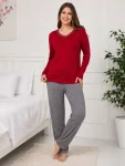 Pijama de damă cu bluză cu maneca lunga și pantaloni lung -Rosu,Engros