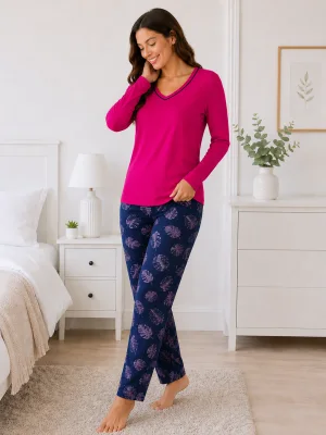 Pijama de damă cu bluză cu maneca lunga și pantaloni lung -ciclam,Engros