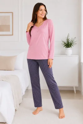 Pijama de damă cu bluză cu maneca lunga și pantaloni -Roz ,Engros