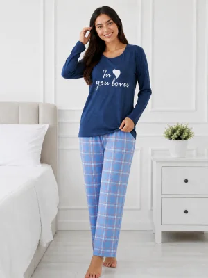 Pijama de damă cu bluză cu maneca lunga și pantaloni-Bleumarin,Engros