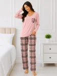 Pijama  damă Serena cu bluză cu maneca lunga și pantaloni-Roz deschis,Engros