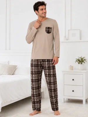 Pijama barbati Serena cu maneca lunga si pantalon lung-Bej,Engros