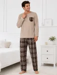 Pijama barbati Serena cu maneca lunga si pantalon lung-Bej,Engros