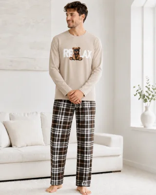 Pijama barbati Serena cu maneca lunga si pantalon lung- Bej,Engros