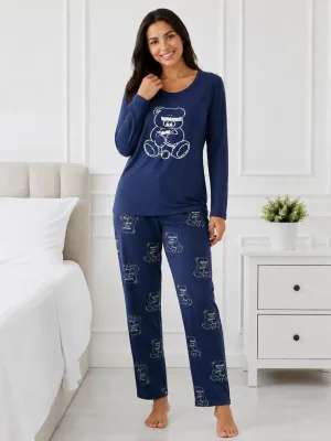 Pijama de damă cu bluză cu maneca lunga și pantaloni-Bleumarin,Engros