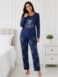 Pijama de damă cu bluză cu maneca lunga și pantaloni-Bleumarin,Engros