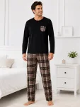 Pijama barbati Serena cu maneca lunga si pantalon lung-Negru,Engros