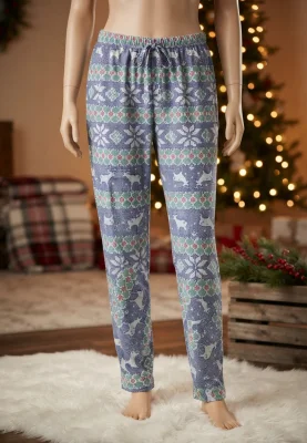 Pantaloni pijama dama Craciun,Culoare Albastru cu Verde  ,Engros