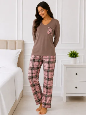 Pijama de damă cu bluză cu maneca lunga și pantaloni-Maro,Engros