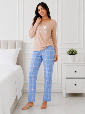 Pijama de damă cu bluză cu maneca lunga și pantaloni-Bej,Engros