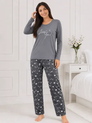 Pijama de damă cu bluză cu maneca lunga și pantaloni -Gri,Engros