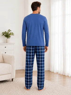 Pijama barbati Serena cu maneca lunga si pantalon lung- Albastru,Engros