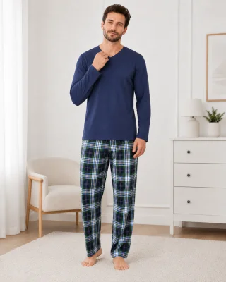 Pijama barbati Serena cu maneca lunga si pantalon lung-Bleumarim, Engros
