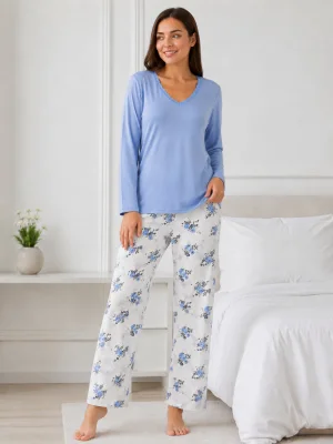 Pijama de damă cu bluză cu maneca lunga și pantaloni lung -Bleu,Engros