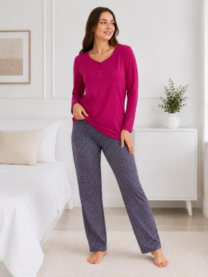 Pijama de damă cu bluză cu maneca lunga și pantaloni -Fucsia,Engros