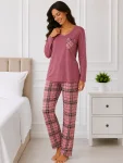 Pijama de damă cu bluză cu maneca lunga și pantaloni-Roz prafuit ,Engros