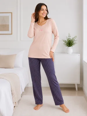 Pijama de damă cu bluză cu maneca lunga și pantaloni -Roz pal,Engros