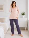 Pijama de damă cu bluză cu maneca lunga și pantaloni -Roz pal,Engros