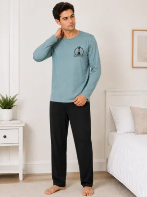 Pijama barbati Serena cu maneca lunga si pantalon lung-Albastru deschis,Engros