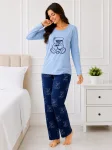 Pijama de damă cu bluză cu maneca lunga și pantaloni-Bleu,Engros
