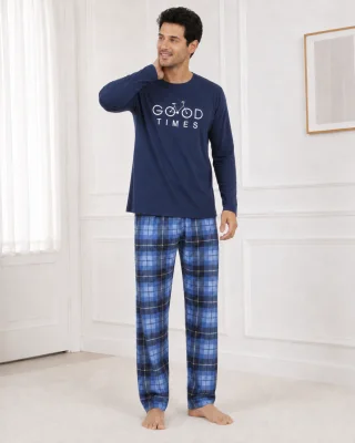 Pijama barbati Serena cu maneca lunga si pantalon lung- Albastru închis,Engros