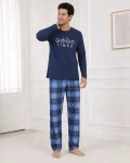 Pijama barbati Serena cu maneca lunga si pantalon lung- Albastru închis,Engros